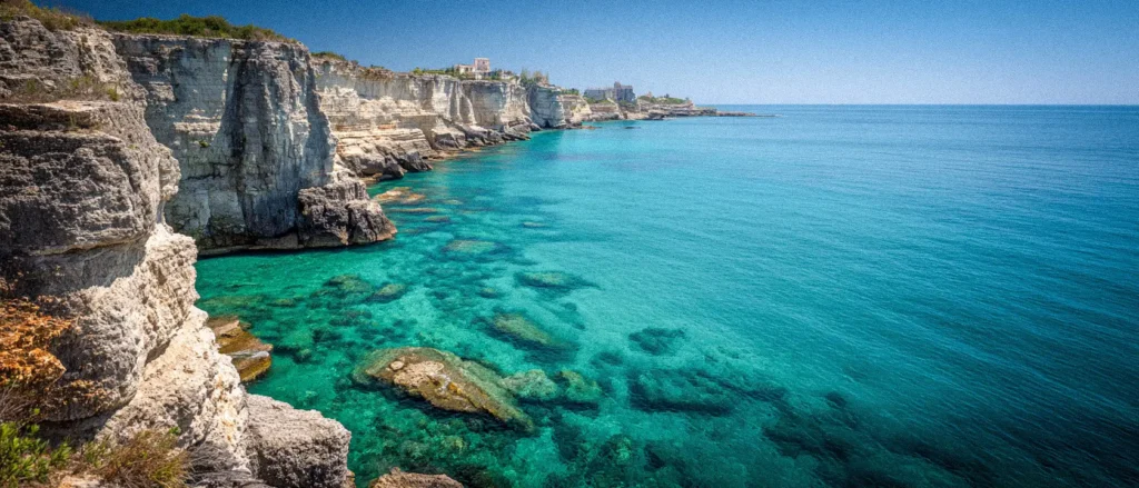 Dramatic coastal cliffs and turquoise waters of the Adriatic Sea in southern Italy